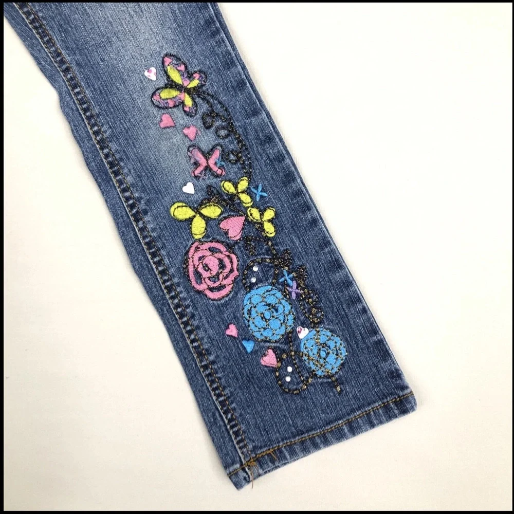 Girls Squeeze Jeans Size 5 Butterfly Embroidered Denim Heart Flowers